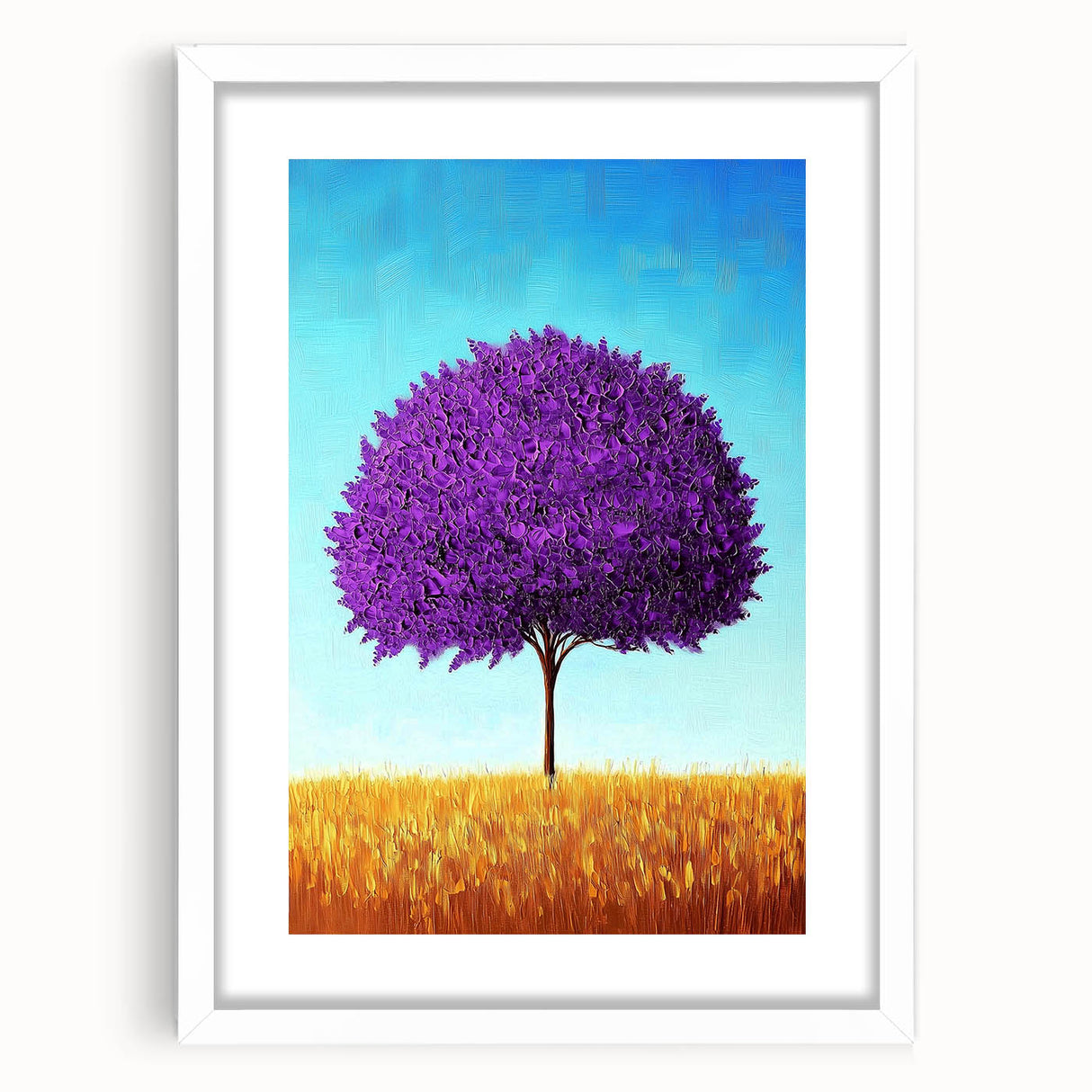 Abstract landscape artwork framed with a white mat, showcasing vibrant colors and fluid shapes, perfect for modern decor in living spaces or offices.