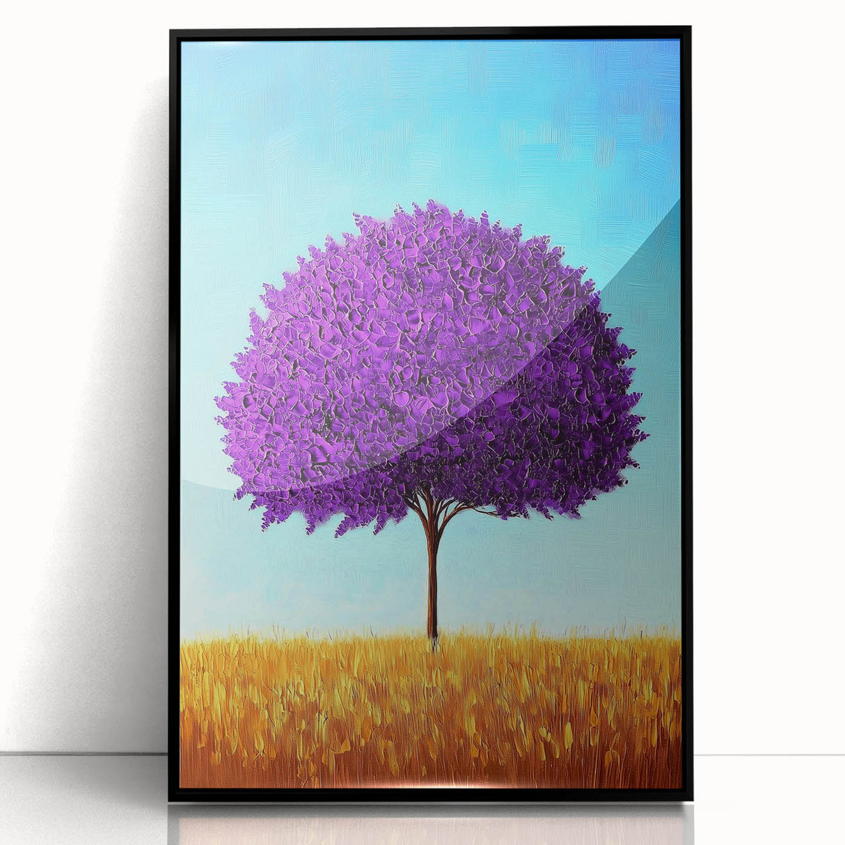 Framed acrylic artwork depicting an abstract landscape with vibrant colors and dynamic shapes, featuring a sleek black frame that enhances its modern aesthetic. Perfect for contemporary home decor.