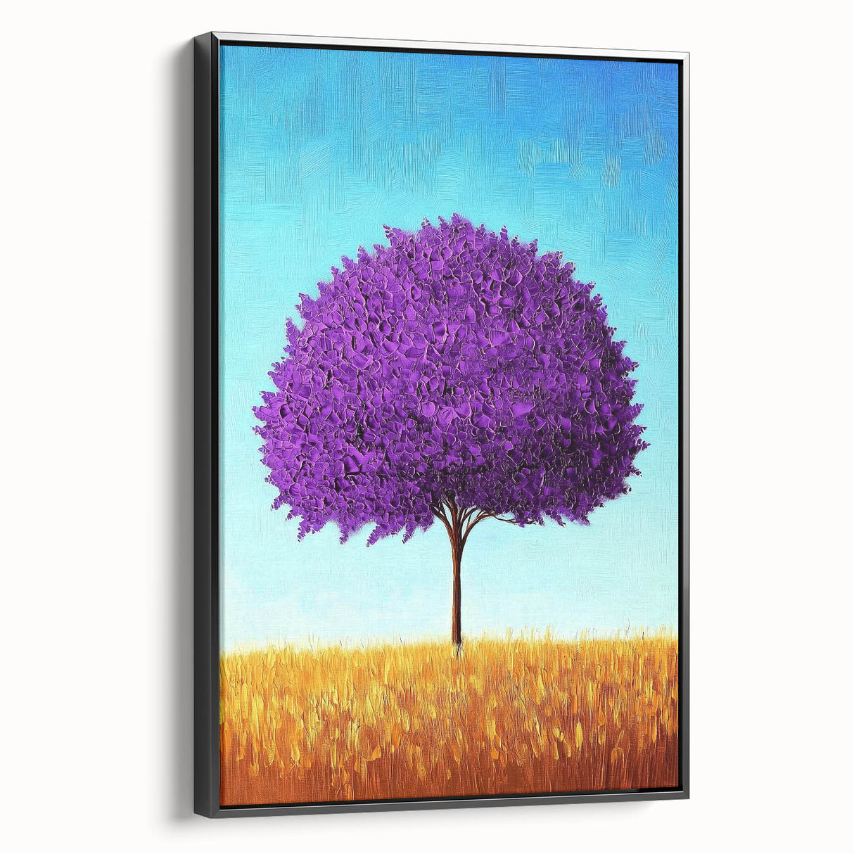 Abstract landscape framed canvas artwork showcasing vibrant hues of blue, green, and gold, highlighting a modern aesthetic with a sleek black frame from a side view. Perfect for enhancing contemporary home decor.