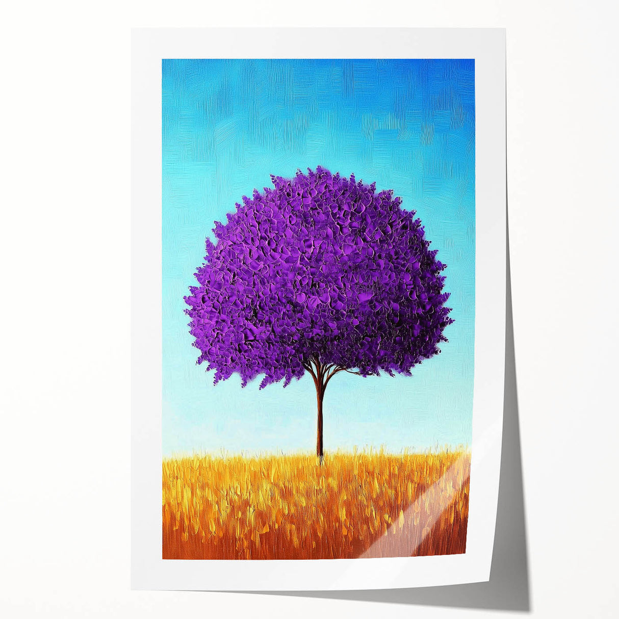 Abstract landscape rolled print showcasing vibrant hues of blue, green, and gold, capturing a serene natural scene, ideal for modern home decor.