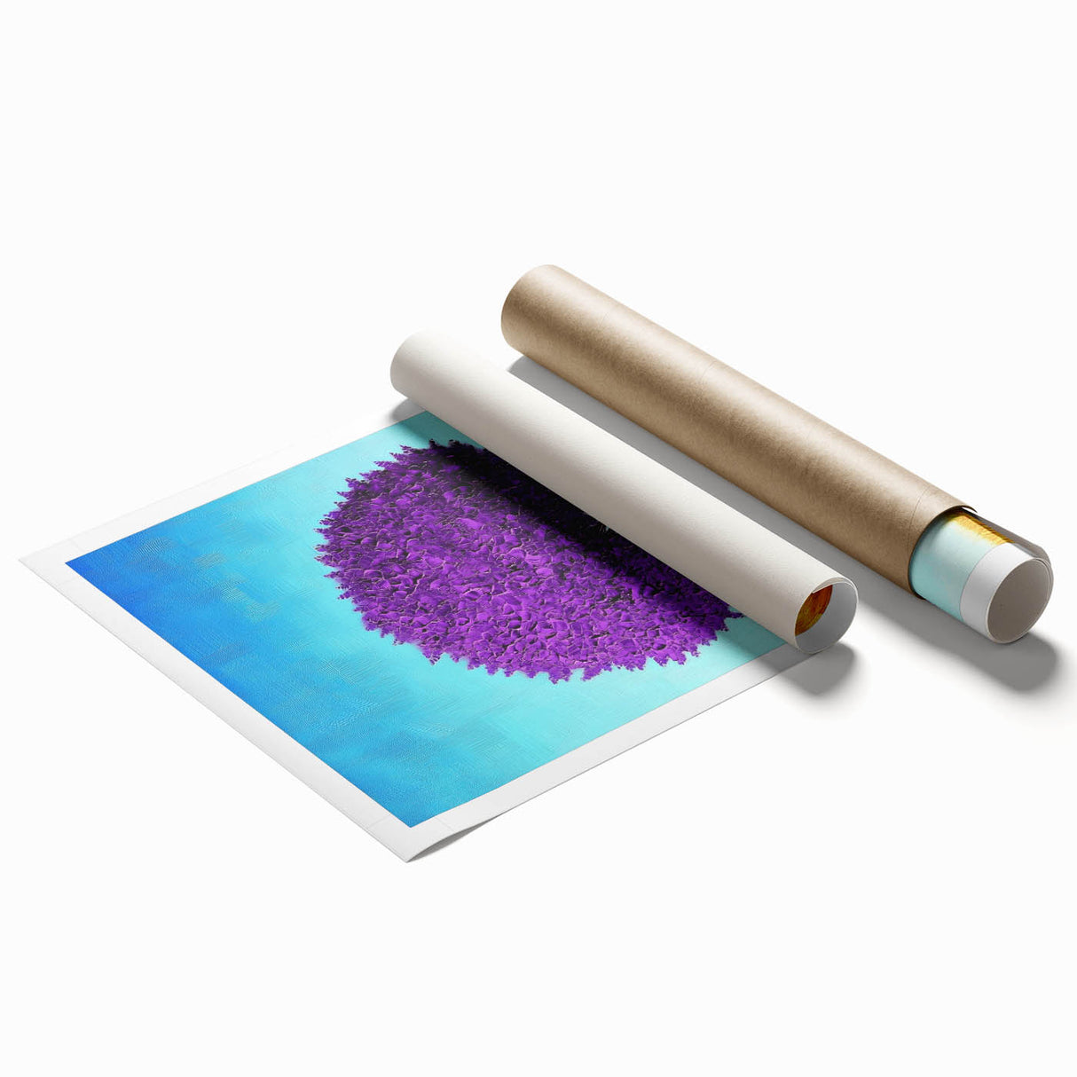 Abstract landscape rolled print showcasing vibrant colors and fluid shapes, ideal for modern home decor. Packaged securely in a protective tube for delivery.