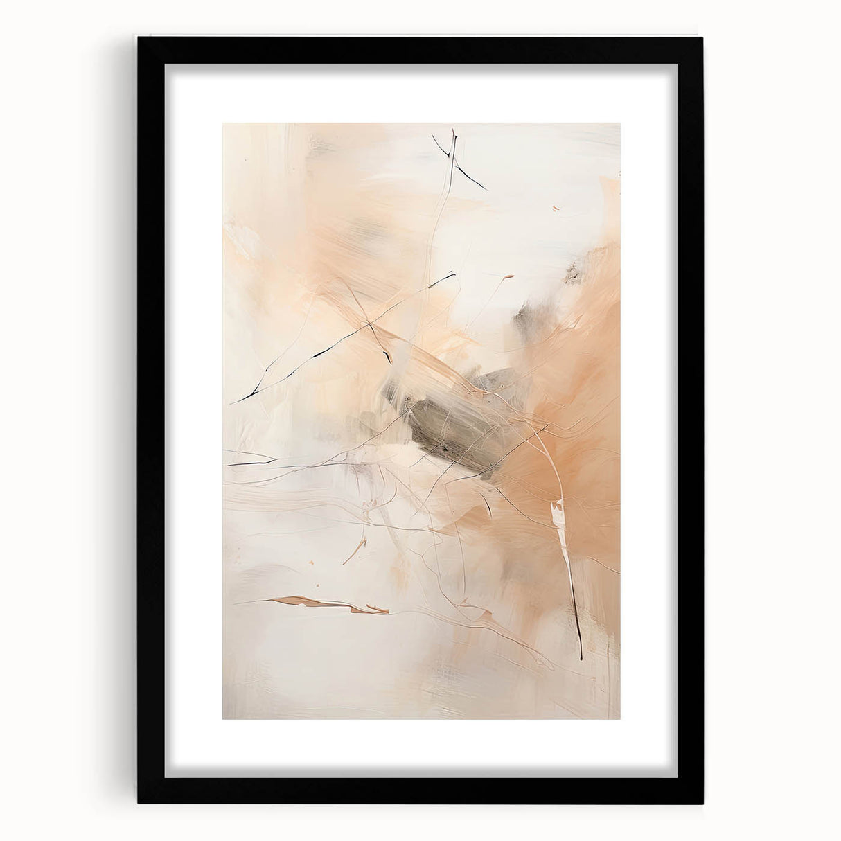 Abstract minimalist wall art design featuring a sleek black frame and mat, showcasing geometric patterns and subtle color variations, perfect for modern decor.
