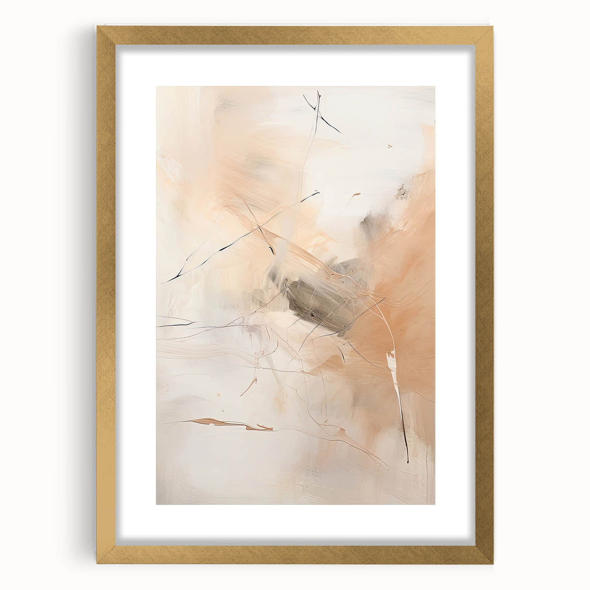 Abstract minimalist wall art framed in gold, featuring a soft color palette and simple geometric shapes, perfect for modern home decor or office spaces.