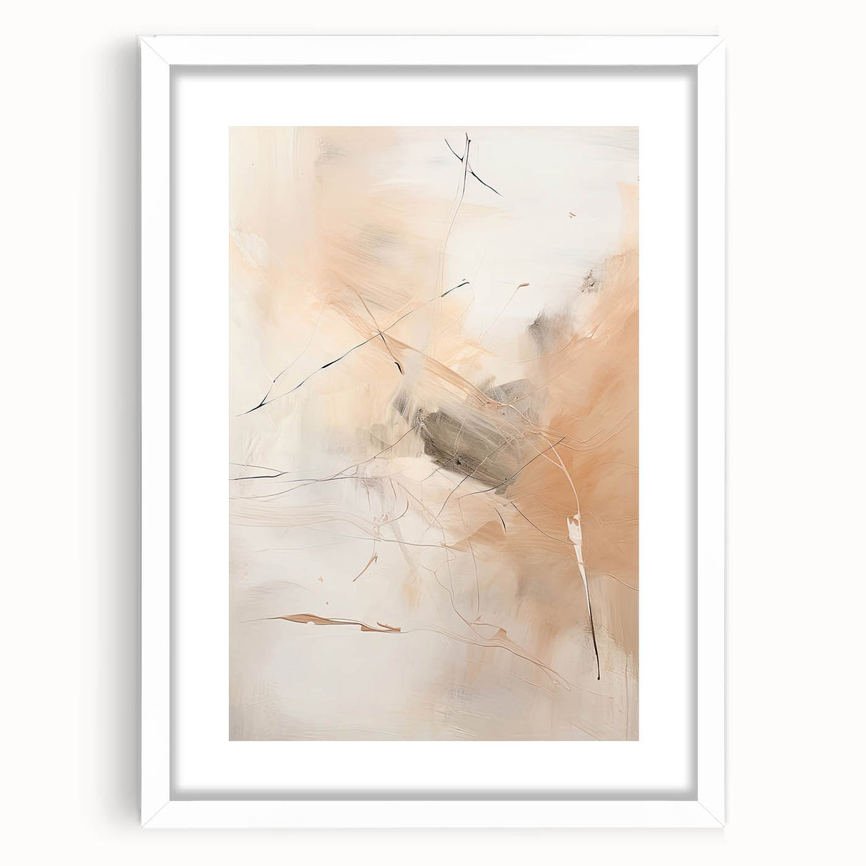 Abstract minimalist wall art framed in white with a matte finish, showcasing subtle geometric shapes and soft color tones, ideal for modern home decor.