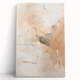 Abstract minimalist wall art on a stretched canvas, showcasing soft pastel hues and geometric shapes, leaning against a neutral wall, perfect for modern decor.