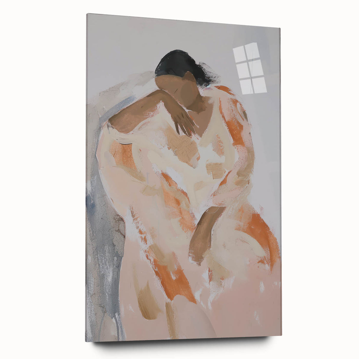 Abstract figurative acrylic artwork displayed in a glass frame, showcasing vibrant colors and dynamic shapes, perfect for modern home decor.