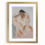 Abstract figurative artwork framed in gold with a mat, showcasing a modern design perfect for contemporary home decor. Ideal for living rooms or art galleries.