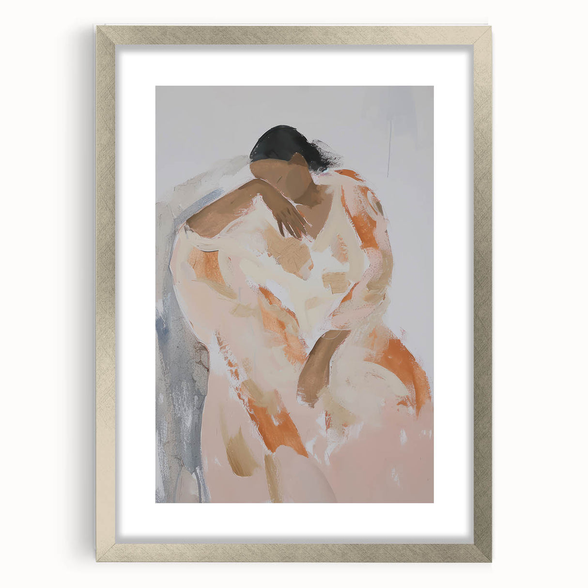 Abstract figurative frame with silver matting, showcasing a modern art piece that blends soft lines and vibrant colors for a contemporary aesthetic. Perfect for enhancing living spaces with a touch of elegance.