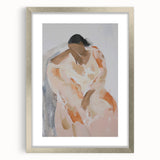 Abstract figurative frame with silver matting, showcasing a modern art piece that blends soft lines and vibrant colors for a contemporary aesthetic. Perfect for enhancing living spaces with a touch of elegance.