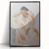 Abstract figurative artwork framed in black acrylic, showcasing vibrant colors and dynamic shapes, perfect for modern home decor and artistic expression.