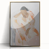 Framed abstract figurative art piece in gold acrylic, showcasing dynamic shapes and colors, ideal for modern home decor and artistic expression.
