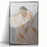 Framed abstract figurative art piece with silver accents, showcasing a dynamic design against a neutral backdrop, perfect for modern home decor.