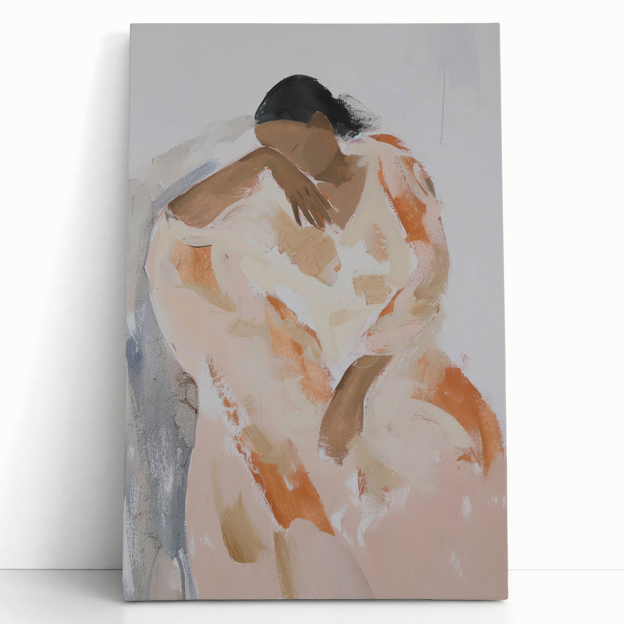 Abstract figurative artwork on stretched canvas, showcasing vibrant colors and dynamic shapes, leaning against a neutral background, ideal for modern interior decor.