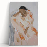 Abstract figurative artwork on stretched canvas, showcasing vibrant colors and dynamic shapes, leaning against a neutral background, ideal for modern interior decor.