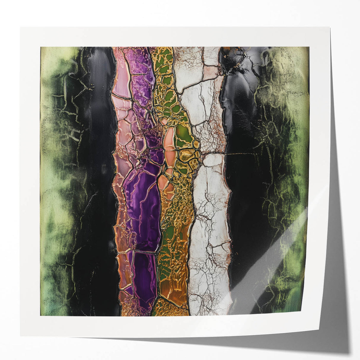 Abstract floral art print featuring vibrant colors of pink, blue, and green, displayed on a glossy surface, ideal for modern home decor or wall styling.