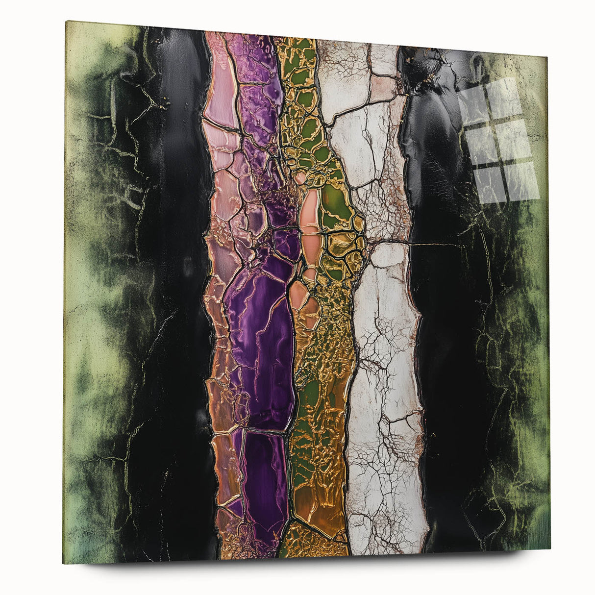 Abstract floral acrylic artwork displayed on a glass surface, showcasing vibrant colors and intricate patterns. Ideal for modern home decor, adding elegance and artistic flair.