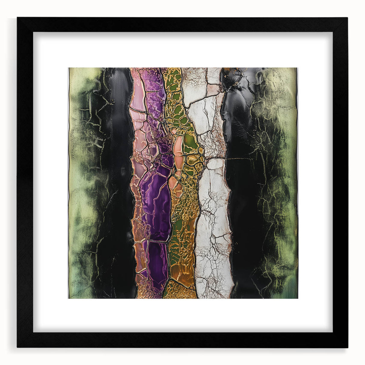 Abstract floral design framed in black with a mat, showcasing vibrant colors and intricate patterns, ideal for modern home decor and artistic settings.