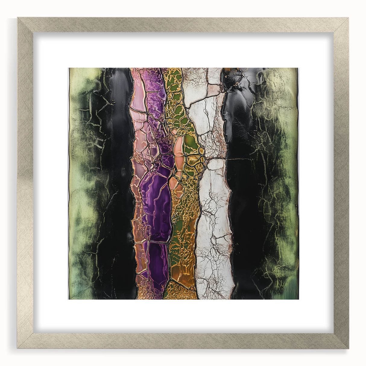 Abstract floral frame in a silver mat, showcasing vibrant colors and intricate designs, ideal for modern home decor and art enthusiasts. Perfect for enhancing interior spaces with a touch of elegance and creativity.