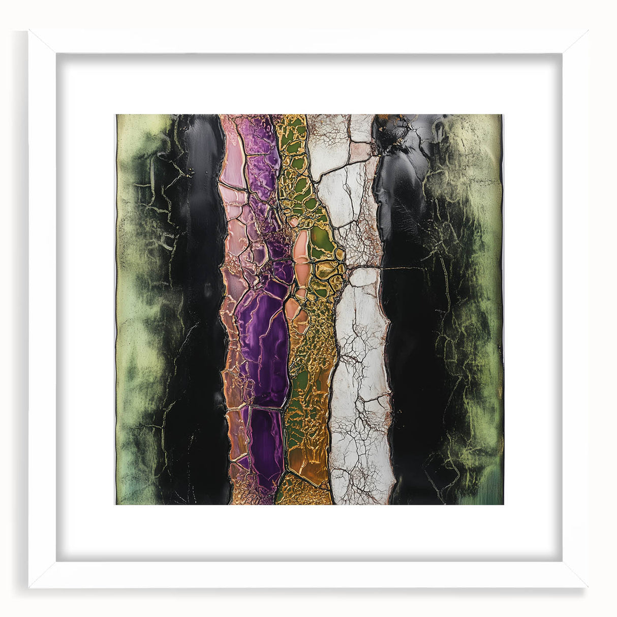 Abstract floral frame artwork with a white mat, showcasing vibrant colors and intricate designs, ideal for home decor or gallery displays. This piece adds elegance and a touch of nature to any interior space.
