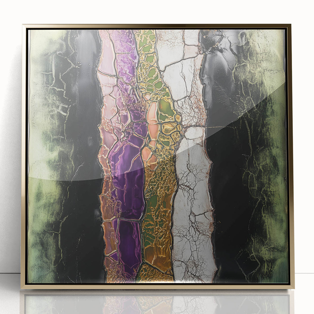 Framed acrylic artwork showcasing an elegant abstract floral design in vibrant colors, featuring a sleek gold frame, ideal for modern home decor accents.