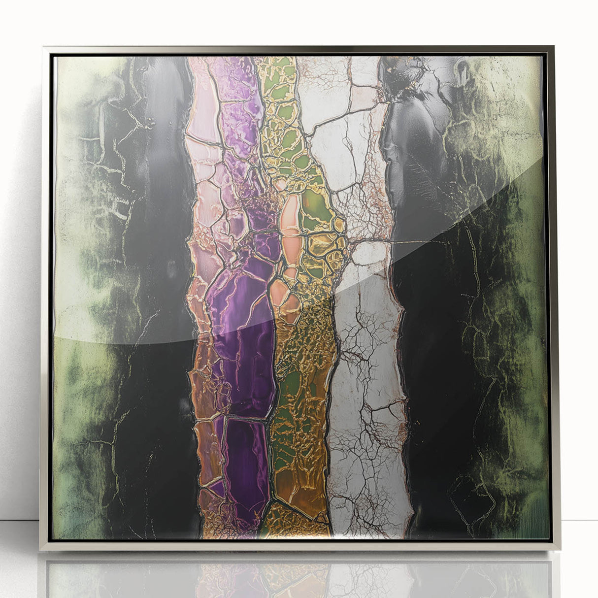Framed acrylic artwork featuring an abstract floral design in silver tones, showcasing intricate details and vibrant colors, perfect for modern home decor.