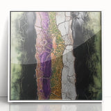 Framed acrylic artwork displaying vibrant abstract florals in shades of pink, blue, and green, set against a clean white background, ideal for modern home decor.