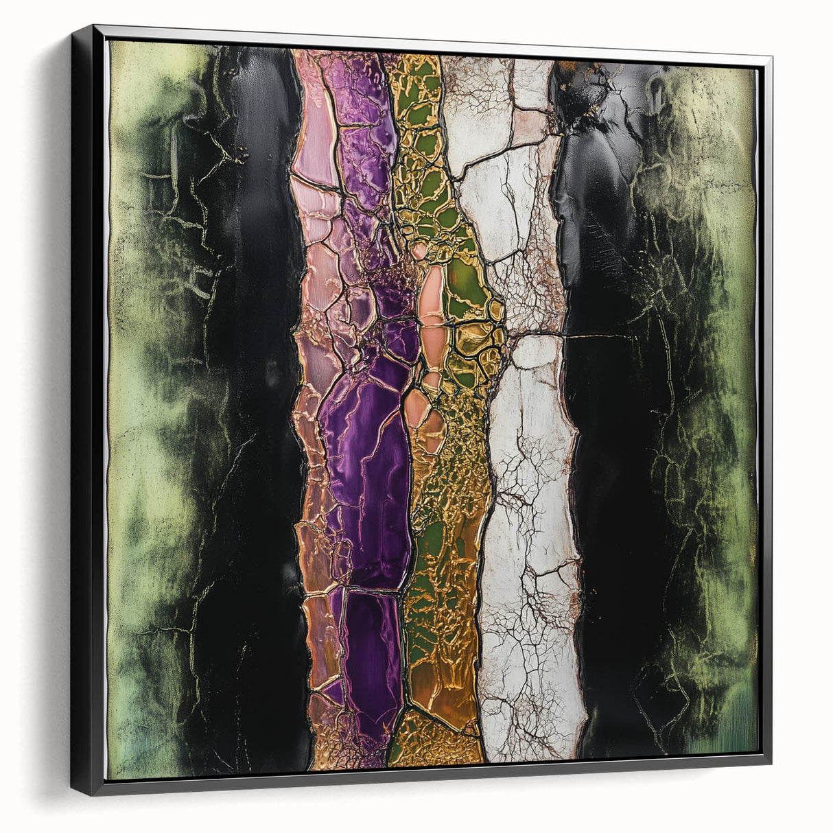 Framed canvas artwork showcasing an abstract floral design with vibrant colors, set against a sleek black frame, perfect for modern home decor.