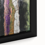 Close-up of a vibrant abstract floral canvas art piece showcasing bold colors like teal, pink, and gold, elegantly framed and ready to enhance any modern decor.