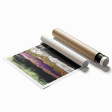 Vibrant abstract floral print on rolled canvas showcasing rich colors and intricate patterns, perfect for home decor or artistic display, securely packaged in a protective tube.