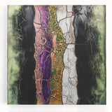 Vibrant abstract floral design on a stretched canvas, showcasing a colorful array of blooms in hues of pink, blue, and green, perfect for modern home decor.