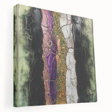 Abstract floral stretched canvas artwork showcasing vibrant colors and intricate designs, displaying a side view that highlights its depth and texture. Perfect for modern decor, this piece adds a touch of elegance to any room setting.