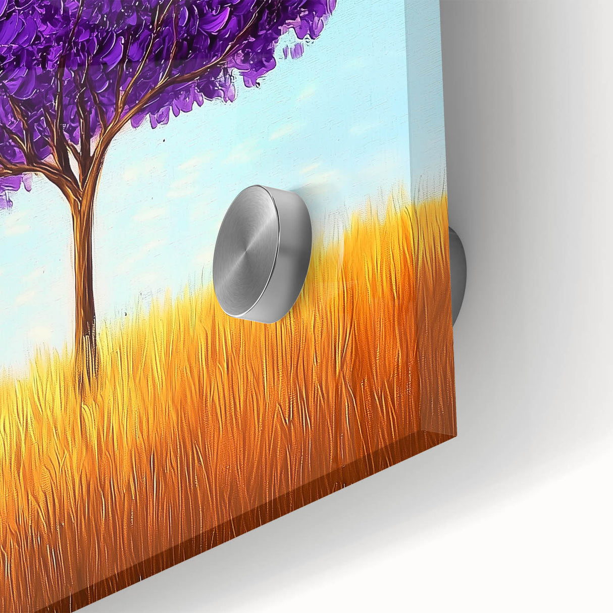 Abstract landscape artwork with vibrant colors and fluid shapes, showcasing a close-up view of acrylic on glass, perfect for modern home decor.