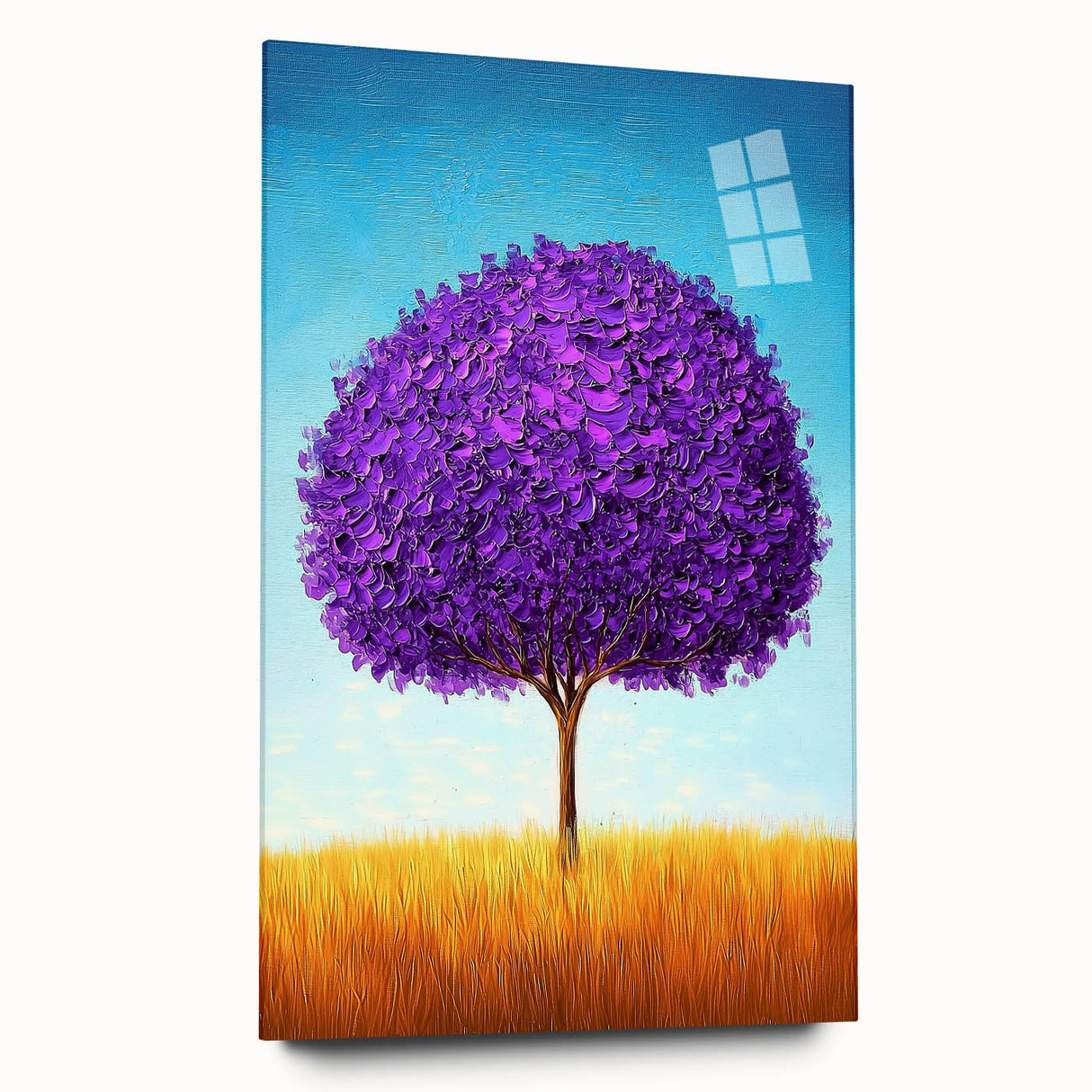 Abstract landscape artwork displayed on acrylic glass, featuring vibrant colors and fluid shapes, ideal for modern home decor. Side view showcases its sleek design and glossy finish.