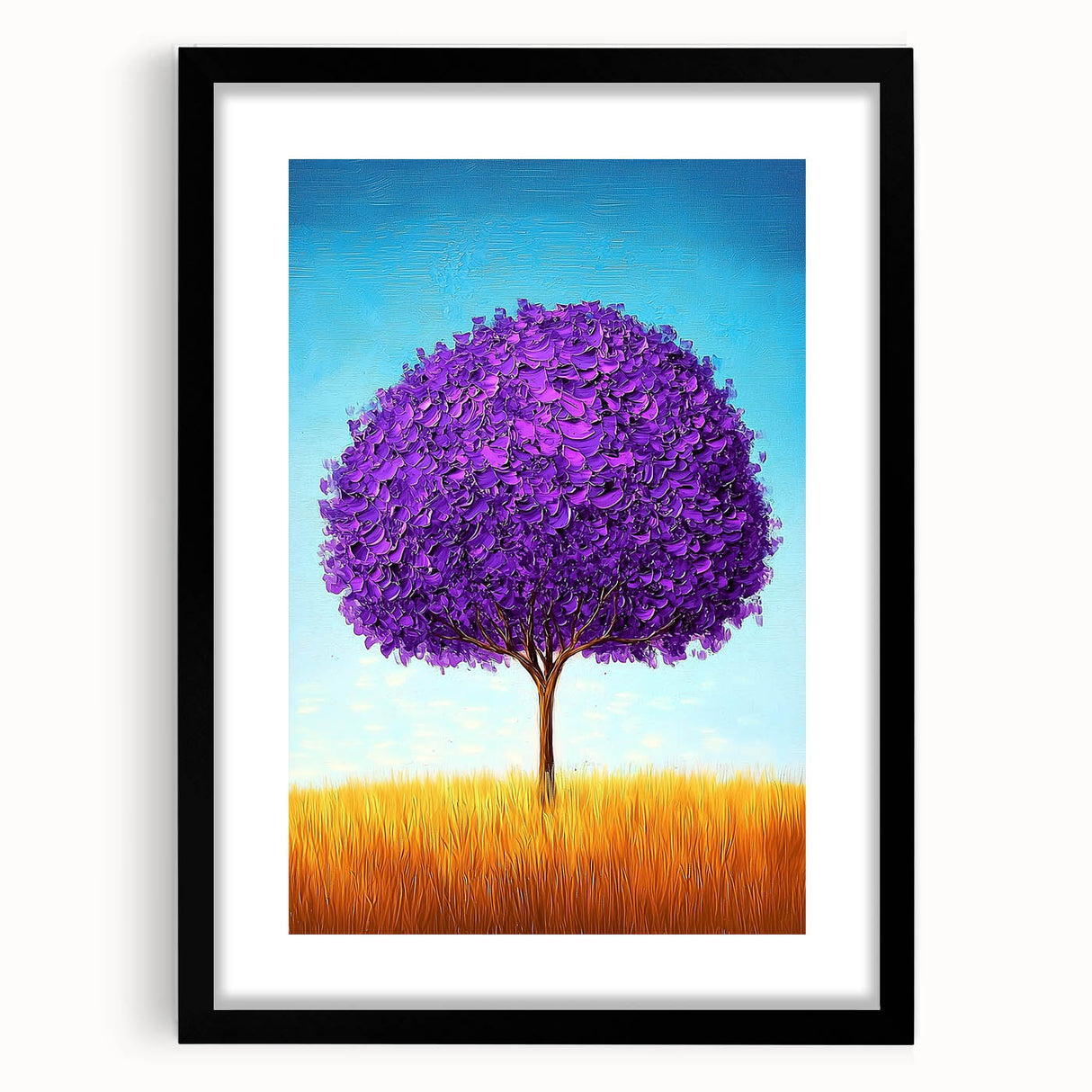 Abstract landscape artwork framed in black, featuring a mat for presentation. The image showcases vibrant colors and textures, perfect for modern decor.