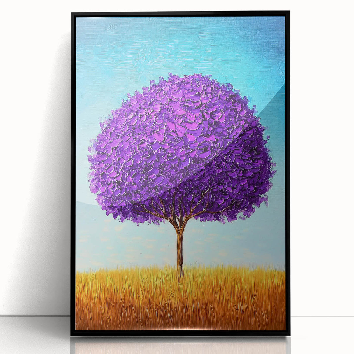 Framed acrylic artwork showcasing a vibrant abstract landscape in shades of blue, green, and black, perfect for modern home decor and art enthusiasts.