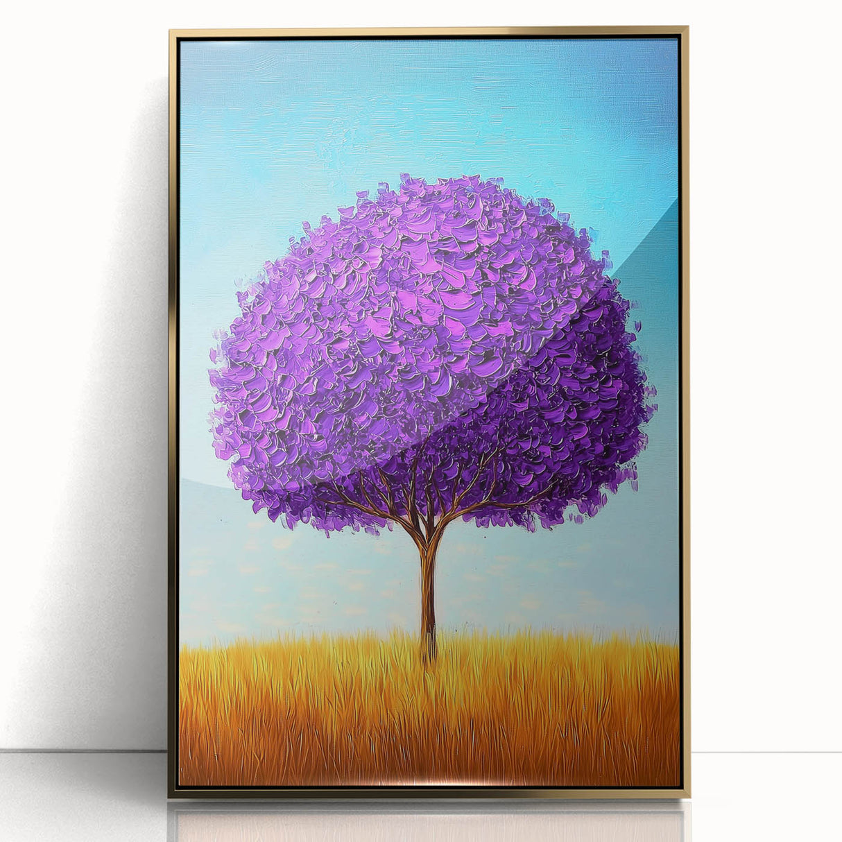 Framed abstract landscape artwork with a gold acrylic front, showcasing vibrant colors and modern design, ideal for contemporary home decor.