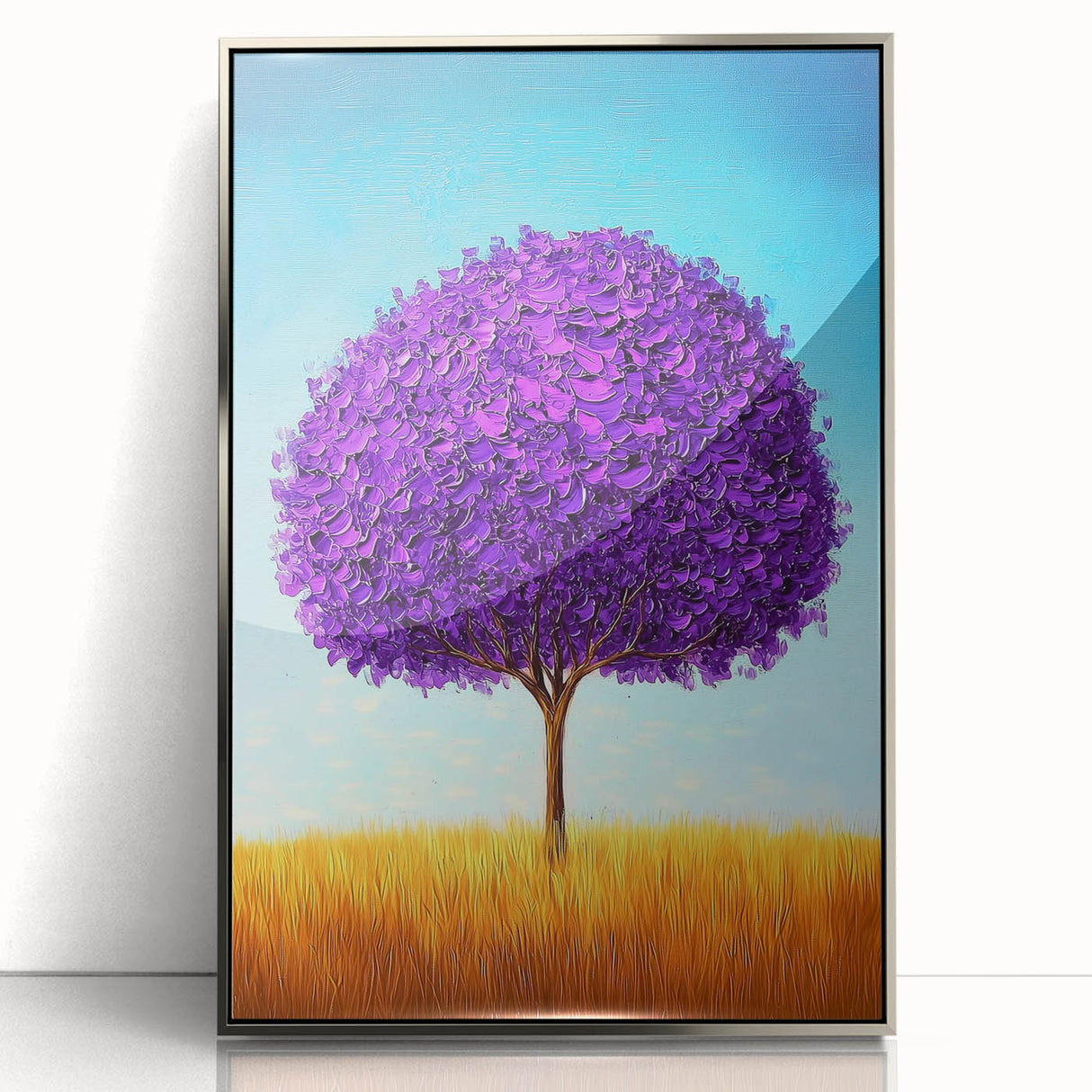Framed acrylic artwork showcasing an abstract landscape with silver accents, featuring vibrant colors and dynamic shapes, ideal for modern home decor.