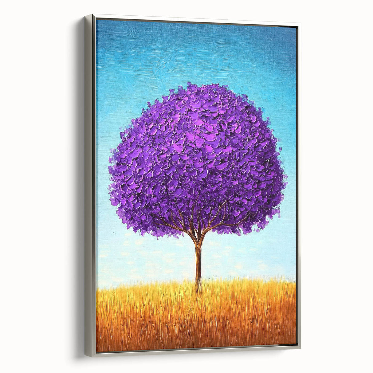 Abstract landscape framed canvas artwork showcasing a silver frame with a side view. The design features vibrant colors and dynamic shapes, perfect for modern home decor.