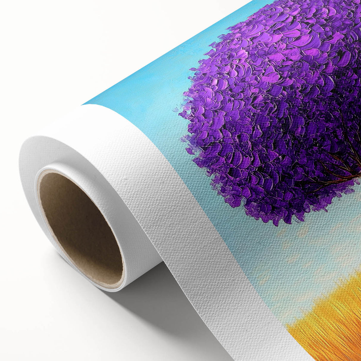 Abstract landscape canvas art showcasing vibrant hues of blue and green, featuring flowing shapes and textures, rolled and ready for display in a modern setting.