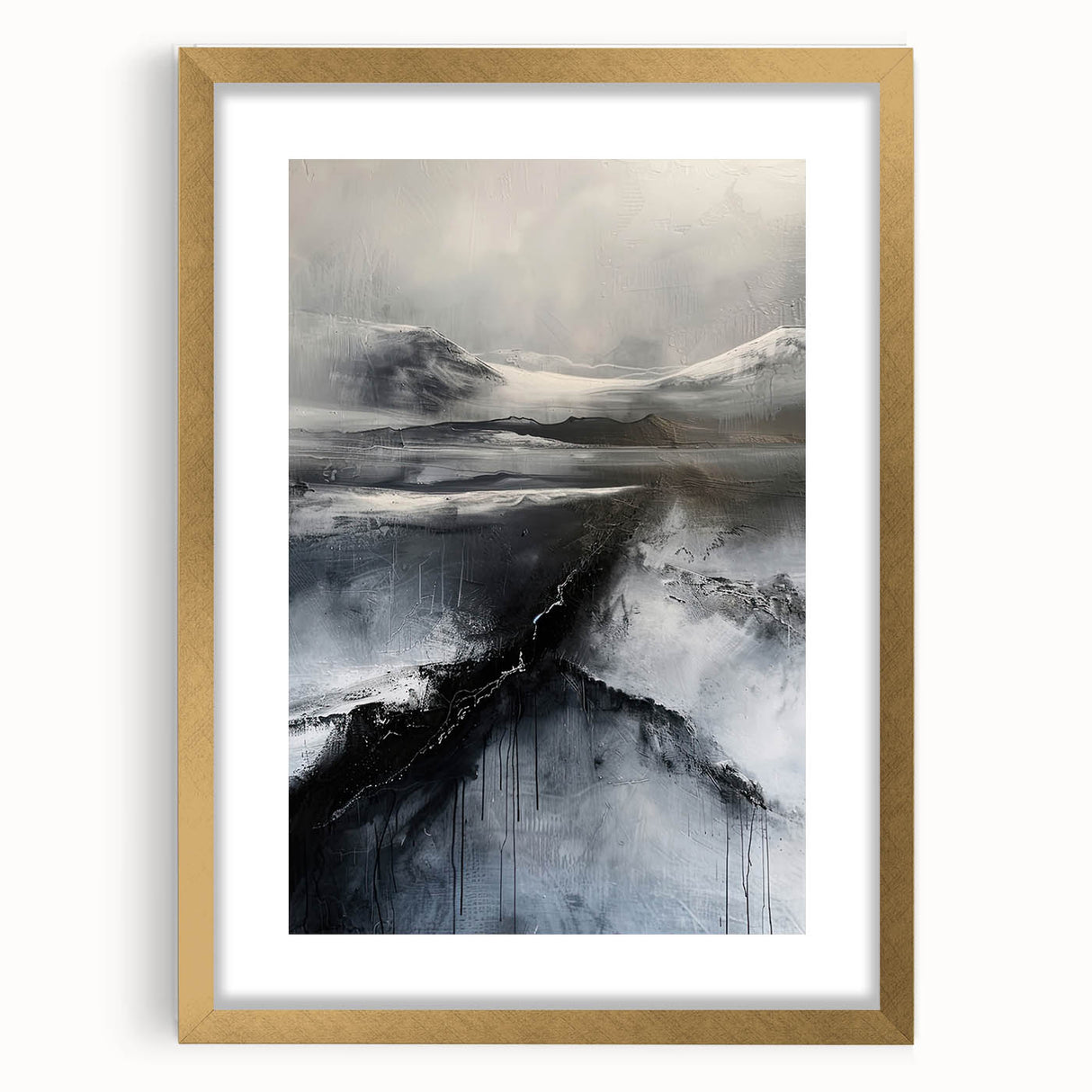 Abstract minimalist wall art featuring a gold frame and mat, showcasing a sleek design perfect for modern decor. Ideal for enhancing living spaces with elegance.