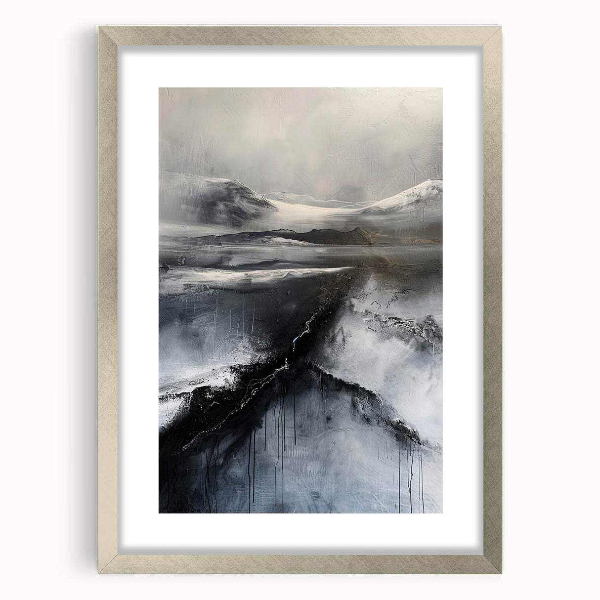 Abstract minimalist wall art framed in silver with a mat, showcasing soft overlapping shapes in neutral tones, perfect for modern home decor.
