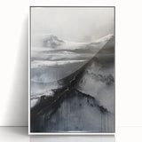 Framed minimalist wall art featuring an abstract design with soft white and gray tones, displayed from a front view against a neutral background, ideal for modern decor.