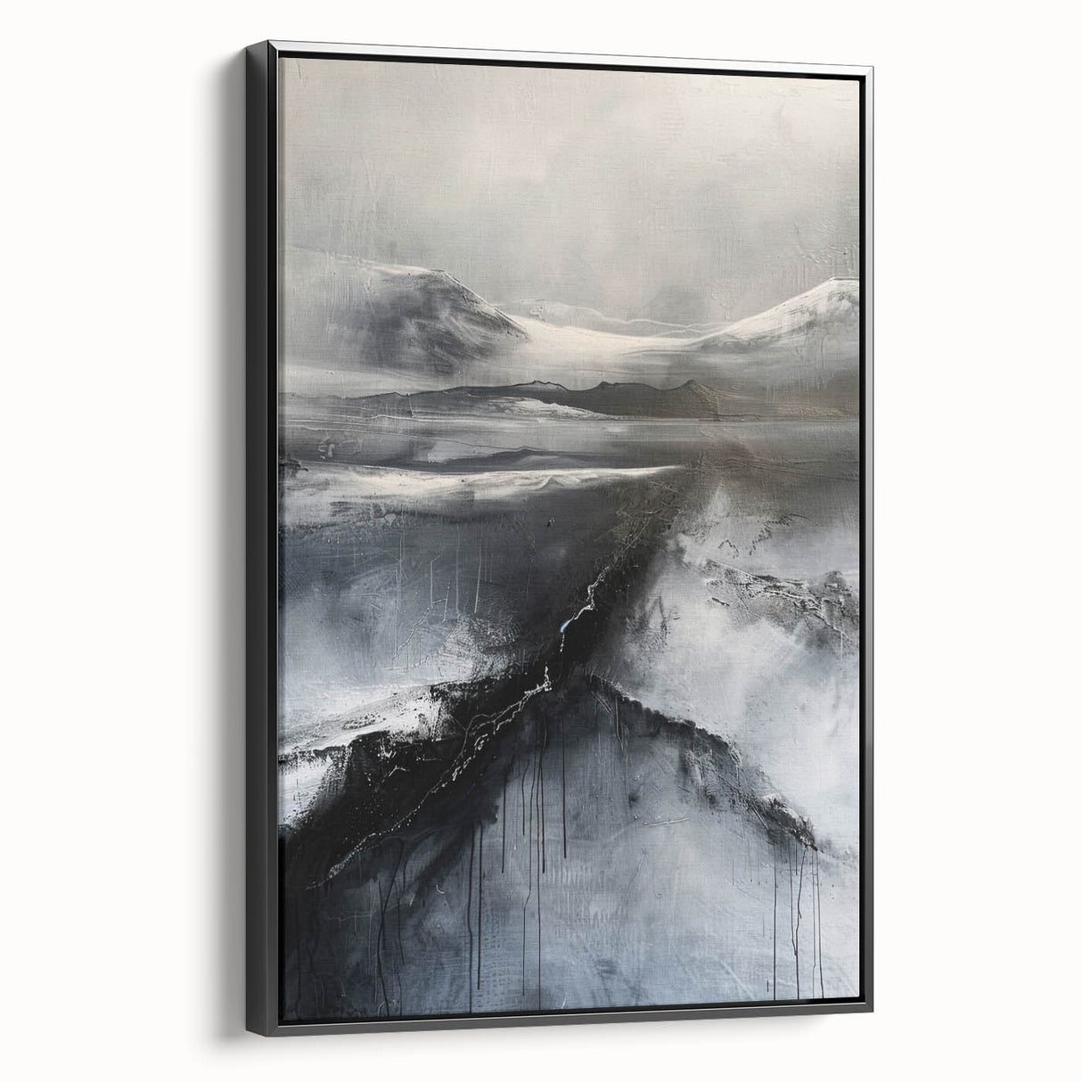 Abstract minimalist wall art featuring a black framed canvas with a modern design, showcasing sleek lines and geometric shapes, ideal for contemporary decor.