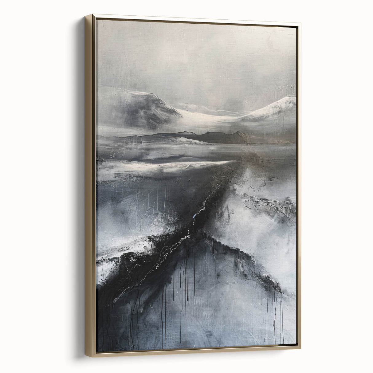 Framed minimalist wall art featuring an abstract design with gold accents, displayed in a side view against a neutral background, ideal for modern decor.