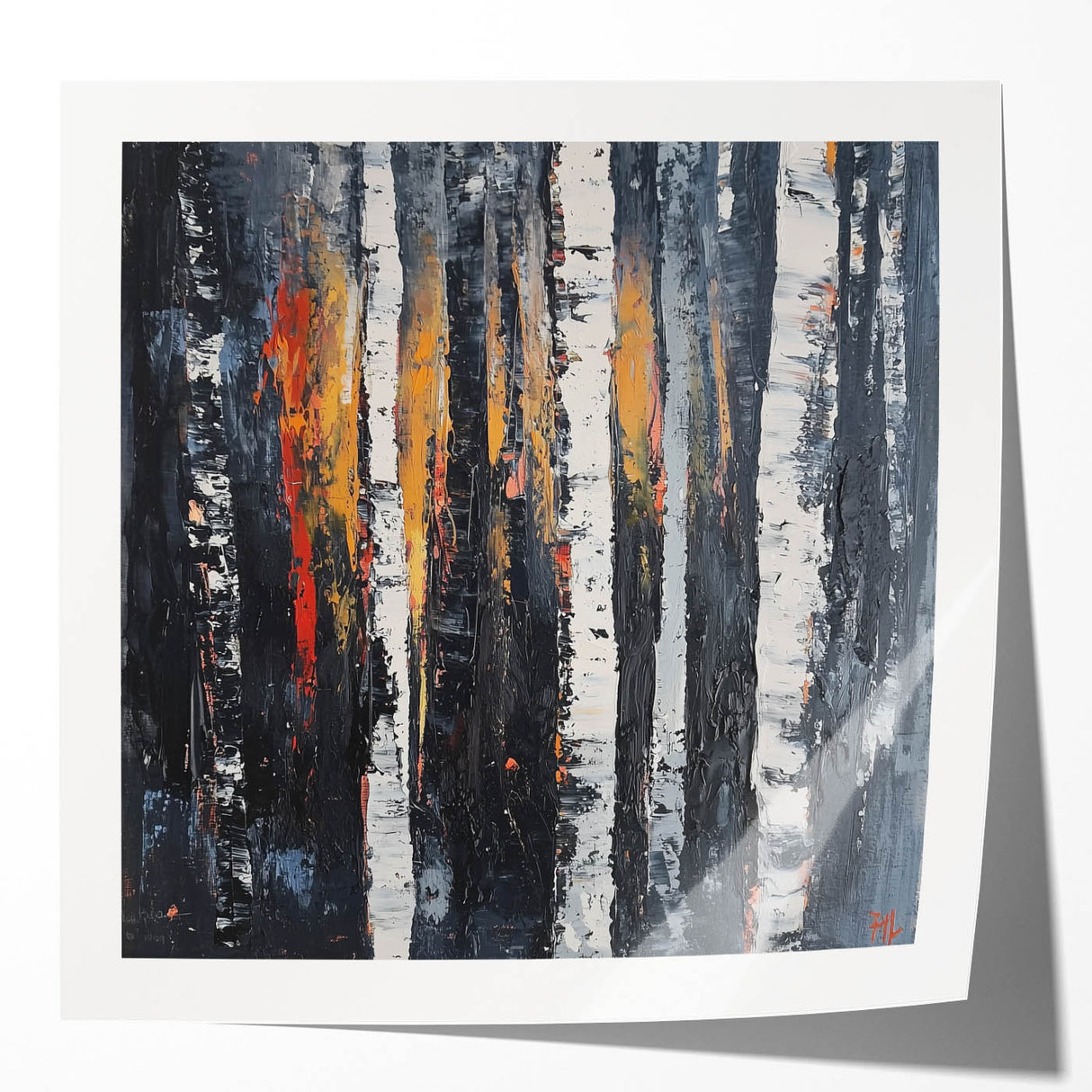 Abstract floral design print showcasing vibrant colors and intricate patterns, displayed in a glossy finish. Ideal for modern home decor or art enthusiasts.