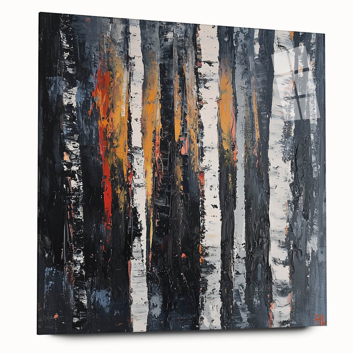 Abstract floral acrylic artwork displayed in a glass frame, showcasing vibrant colors and intricate designs, perfect for modern home decor. The side view highlights the frame's sleek edges, enhancing its contemporary aesthetic.