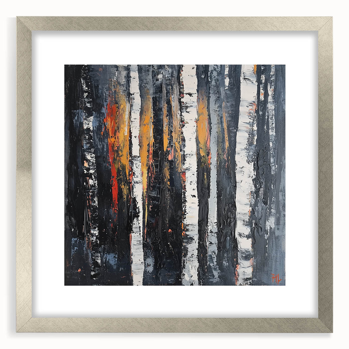 Abstract floral design framed in silver, featuring intricate patterns and vibrant colors, perfect for home decor or artistic display. Elegant matting enhances its aesthetic appeal, making it an ideal centerpiece for modern interiors.