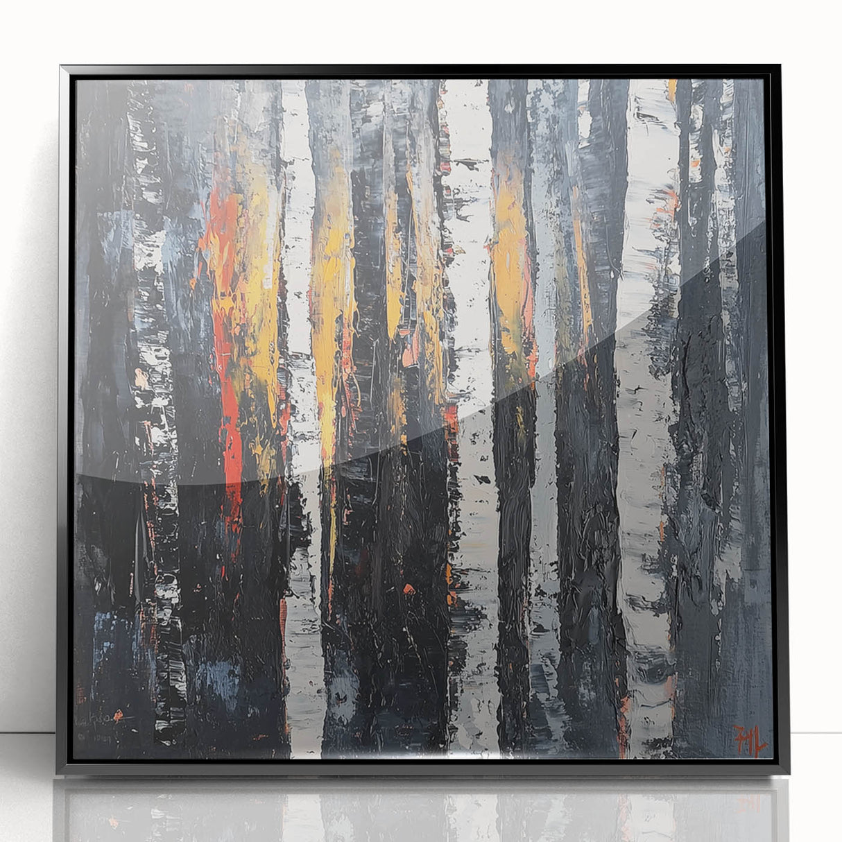 Framed acrylic artwork showcasing vibrant abstract floral designs in a modern black frame, perfect for enhancing contemporary home decor.