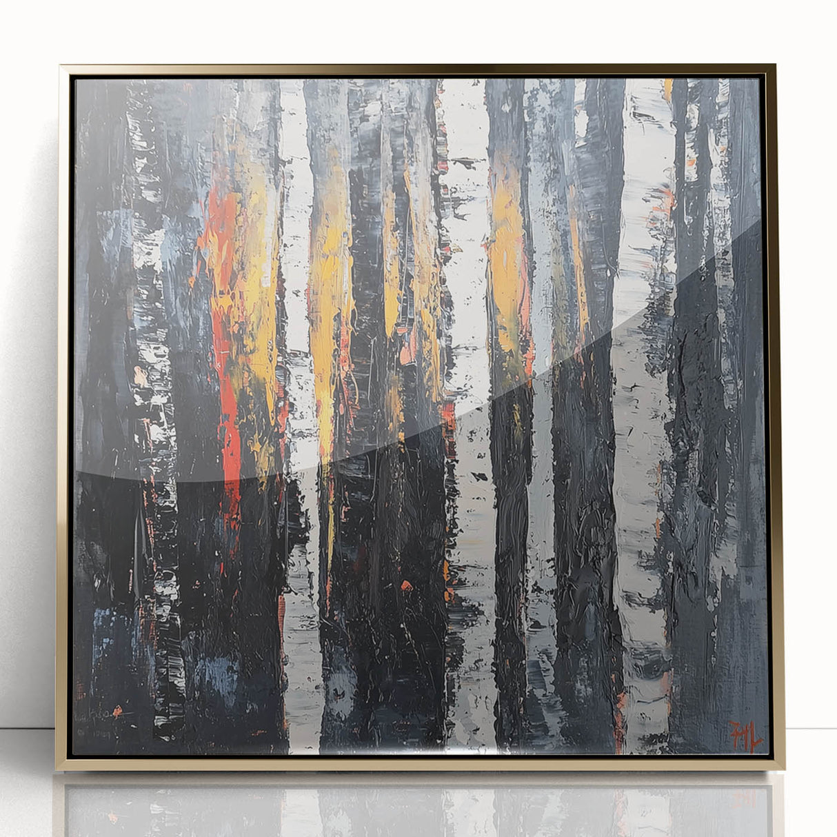 Framed acrylic artwork showcasing vibrant abstract florals in gold tones, ideal for modern home decor. Perfect for adding a touch of elegance to any room.