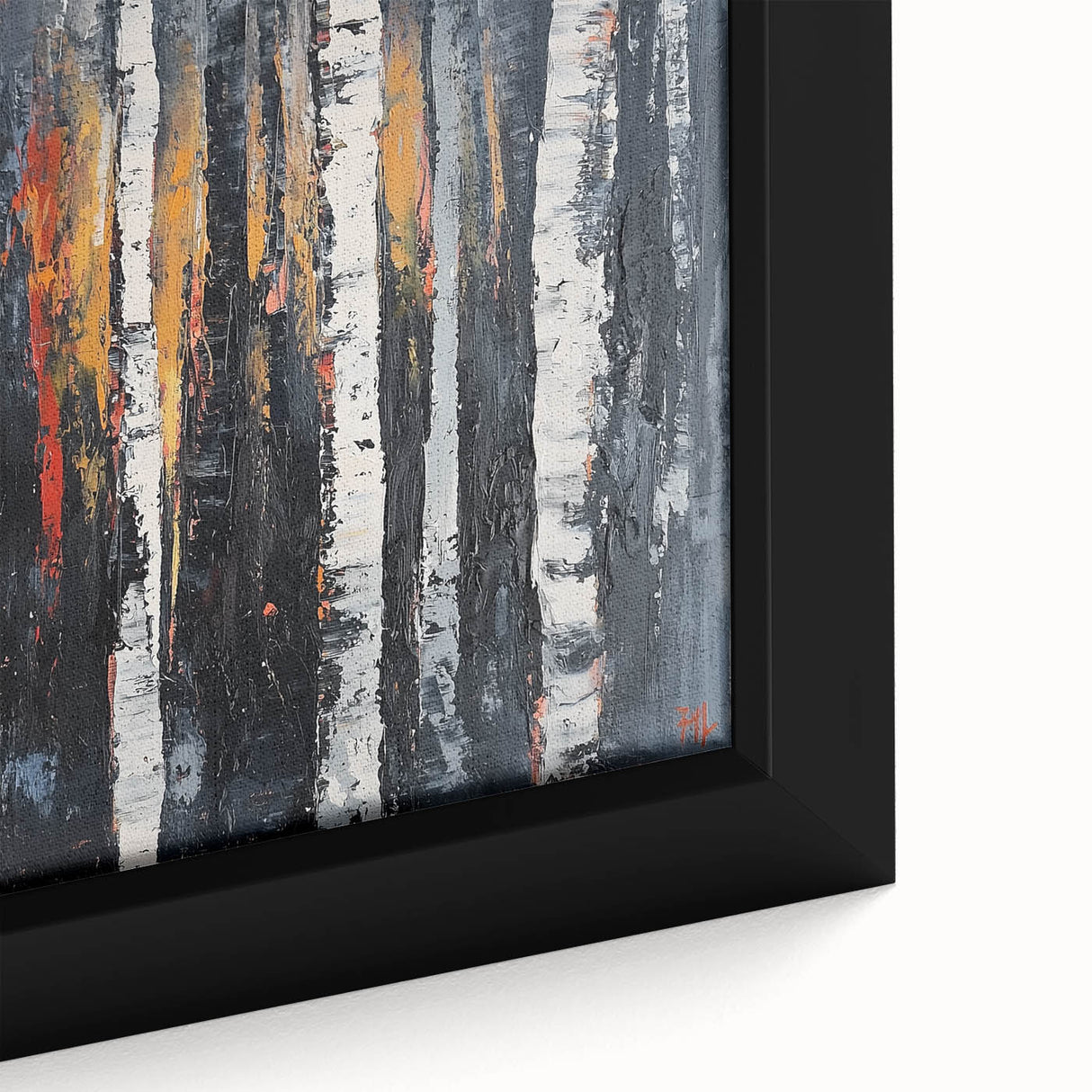 Close-up of a framed canvas showcasing vibrant abstract floral artwork with bold colors and intricate details, perfect for modern home decor.
